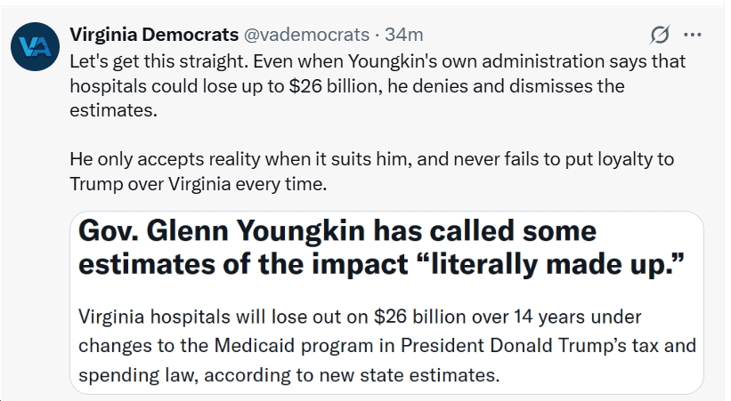 bluevirginia's tweet image. Youngkin is completely deranged - and a pathological liar - and everyone (Democrats, the media, etc.) should treat him that way. bluevirginia.us/2025/07/brutal… h/t @vademocrats