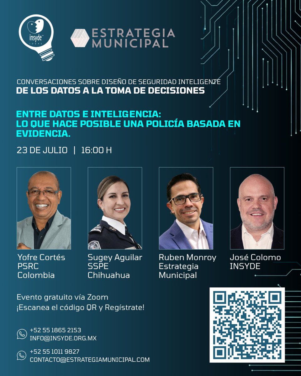 INSYDE (@insydemx) on Twitter photo Nos vemos #hoy con Sugey Aguilar de la <a href="/SSPEChihuahua/">Secretaría de Seguridad Pública del Estado</a>, <a href="/yofrecortes/">Yofre Cortés</a> del <a href="/publicsafetyrc/">PUBLICSAFETYRC</a>, <a href="/RubenMonroyLuna/">Ruben ML</a> de <a href="/EstratProfMun/">Estrategia y Profesionalización Municipal</a> y <a href="/PpColomo/">Colomo</a> de #INSYDE para hablar de inteligencia de datos y policía basada en evidencia.
¡Acompáñanos!
*EVENTO GRATUITO*
📅23 de julio | 🕕16:00 Nos vemos #hoy con Sugey Aguilar de la <a href="/SSPEChihuahua/">Secretaría de Seguridad Pública del Estado</a>, <a href="/yofrecortes/">Yofre Cortés</a> del <a href="/publicsafetyrc/">PUBLICSAFETYRC</a>, <a href="/RubenMonroyLuna/">Ruben ML</a> de <a href="/EstratProfMun/">Estrategia y Profesionalización Municipal</a> y <a href="/PpColomo/">Colomo</a> de #INSYDE para hablar de inteligencia de datos y policía basada en evidencia.
¡Acompáñanos!
*EVENTO GRATUITO*
📅23 de julio | 🕕16:00