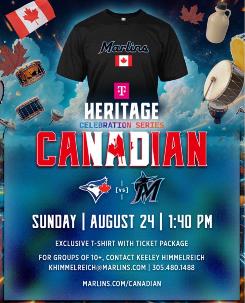 Canada à Miami (@cgcanmiami) on Twitter photo Appel à tous les amateurs de #baseball pour la #Célébrationdupatrimoinecanadien . Les
Miami <a href="/Marlins/">Miami Marlins</a> affronteront les <a href="/BlueJays/">Toronto Blue Jays</a> dim. 24 août 13h40 <a href="/loanDepot/">loanDepot</a> Park.
Le forfait spécial🎟️comprend:
Des prix exclusifs & t-shirts de la Célébration du patrimoine 🇨🇦 en édition limitée. Appel à tous les amateurs de #baseball pour la #Célébrationdupatrimoinecanadien . Les
Miami <a href="/Marlins/">Miami Marlins</a> affronteront les <a href="/BlueJays/">Toronto Blue Jays</a> dim. 24 août 13h40 <a href="/loanDepot/">loanDepot</a> Park.
Le forfait spécial🎟️comprend:
Des prix exclusifs & t-shirts de la Célébration du patrimoine 🇨🇦 en édition limitée.