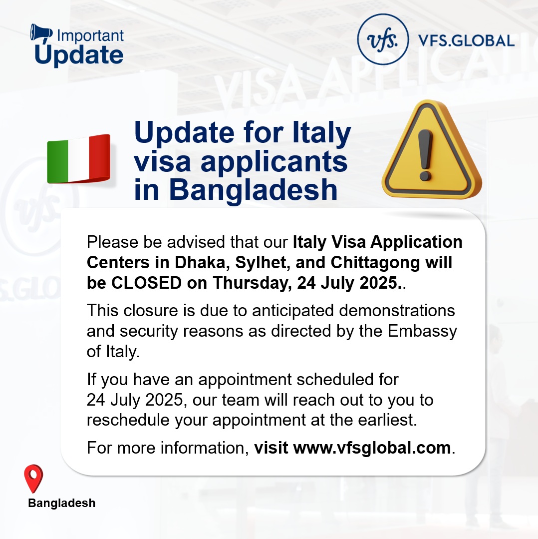 VFSGlobal's tweet image. We have an important update for Italy visa applicants in Bangladesh.
For more information, please visit visa.vfsglobal.com/bgd/en/ita/.