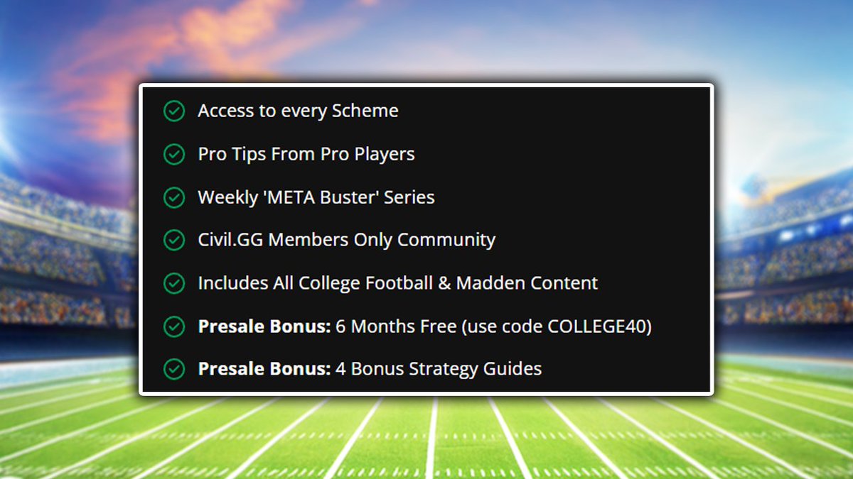 MisterCiv's tweet image. ENDING TOMORROW...
Unlock EVERYTHING on the site for 40% off
Already 2 Offenses & Defenses (with more dropping this week) that ACTUALLY WORK
You'll be joining over 3,000 Active Members- all using our Schemes to actually Win More Games
Click here: civil.gg/become-a-member