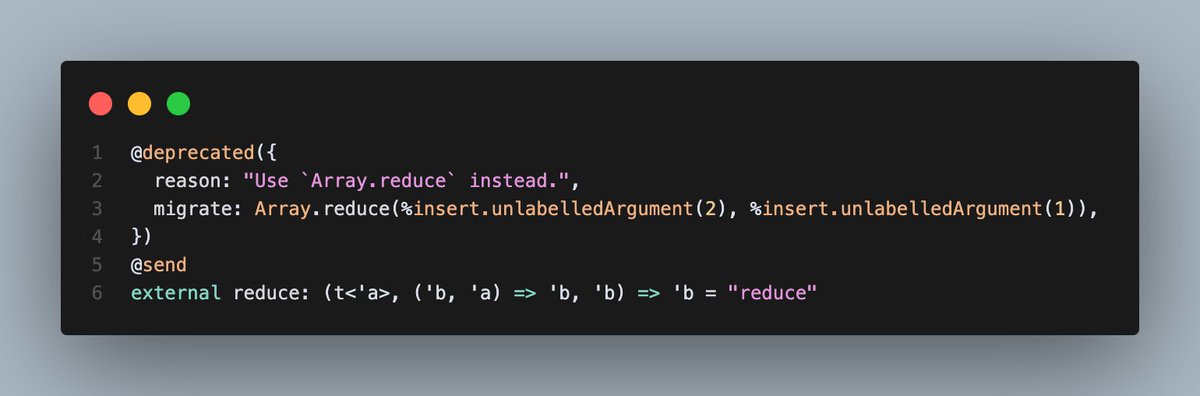 ___zth___'s tweet image. Yup, this migration tool for ReScript is going to be pretty cool! Check this out:
1. v12 deprecates `Js.Array2.reduce` and refers to the new `Array.reduce`
2. The new `Array.reduce` however flips the arguments (because of type inference)
3. Migration tool handles it gracefully!
