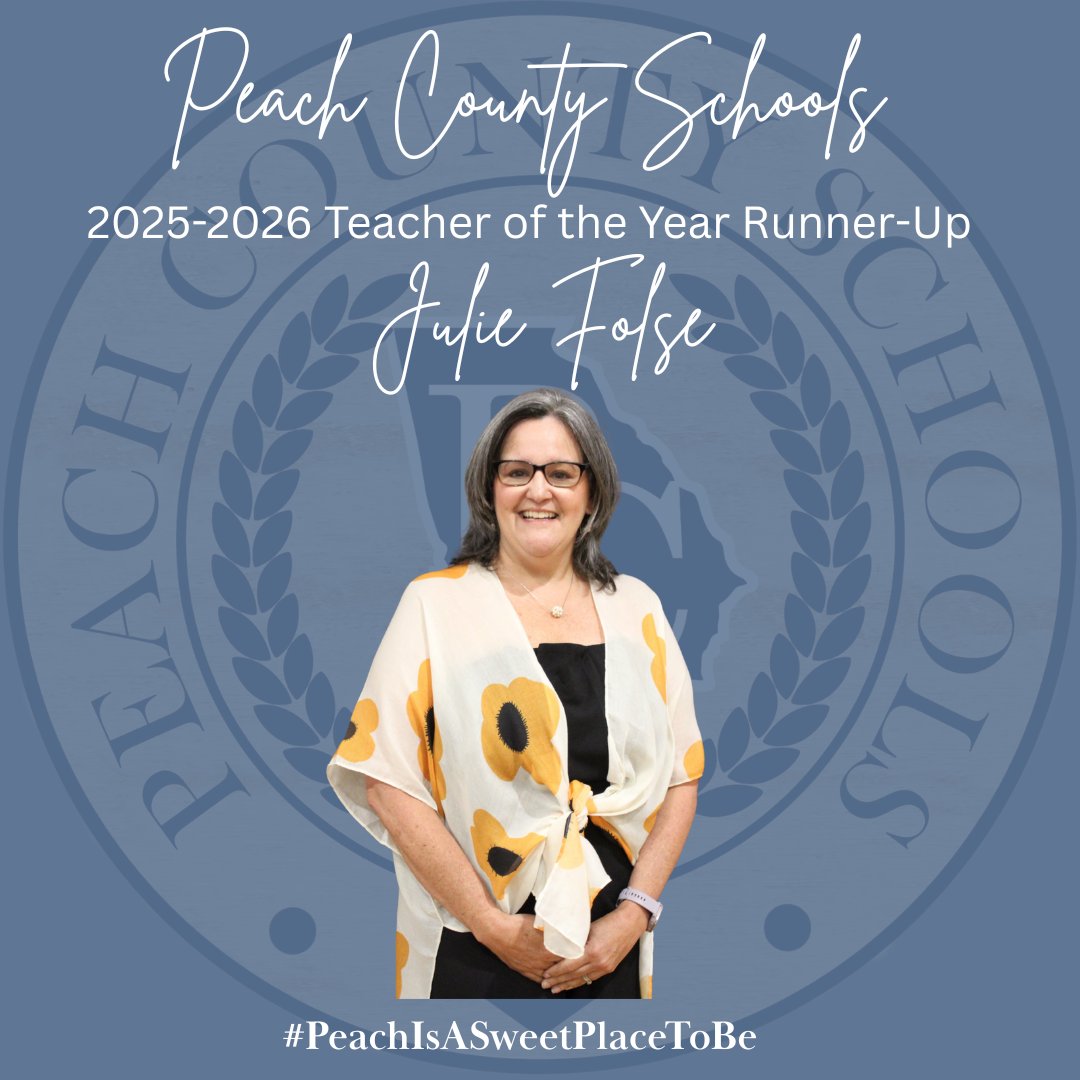 peachschools's tweet image. During our Opening Session, the 2025-2026 Peach County Teacher of the Year and 2025-2026 Teacher of the Year Runner-Up were announced.
Congratulations to Julie Folse from Peach County High School for being named 2025-2026 Teacher of the Year Runner-Up!