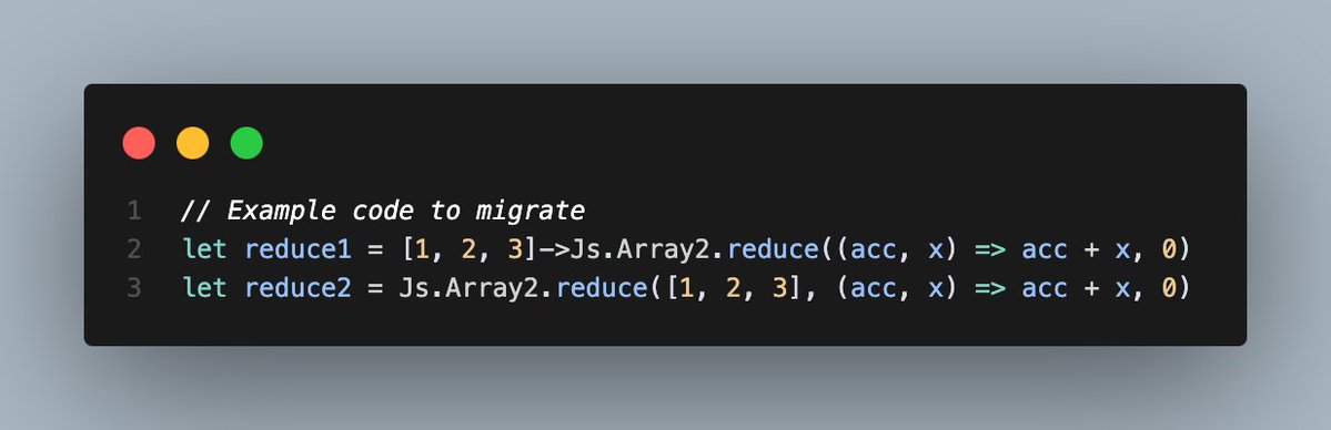 ___zth___'s tweet image. Yup, this migration tool for ReScript is going to be pretty cool! Check this out:
1. v12 deprecates `Js.Array2.reduce` and refers to the new `Array.reduce`
2. The new `Array.reduce` however flips the arguments (because of type inference)
3. Migration tool handles it gracefully!
