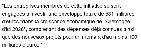 resistance3349's tweet image. Waouh !!
Non content de se payer leurs apprentis, "les grands patrons allemands vont investir 630 milliards d'euros pour réveiller leur économie" @BFMTV
Sûr que le Medef va leur emboîter le pas puisque l'Allemagne est sa référence ultime...