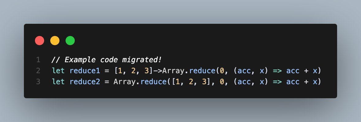___zth___'s tweet image. Yup, this migration tool for ReScript is going to be pretty cool! Check this out:
1. v12 deprecates `Js.Array2.reduce` and refers to the new `Array.reduce`
2. The new `Array.reduce` however flips the arguments (because of type inference)
3. Migration tool handles it gracefully!