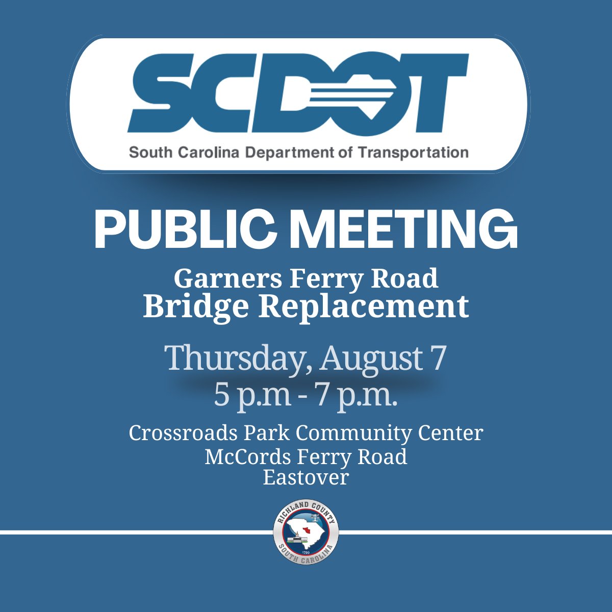 RichlandSC's tweet image. Attend a public information meeting about construction updates for a proposed bridge replacement on US 76/378 (Garners Ferry Road) from 5 p.m. to 7 p.m. Thursday, Aug. 7 at Crossroads Park Community Center, 2750 McCords Ferry Road, Eastover. Learn more: ow.ly/h0Pj50Wuc4G.