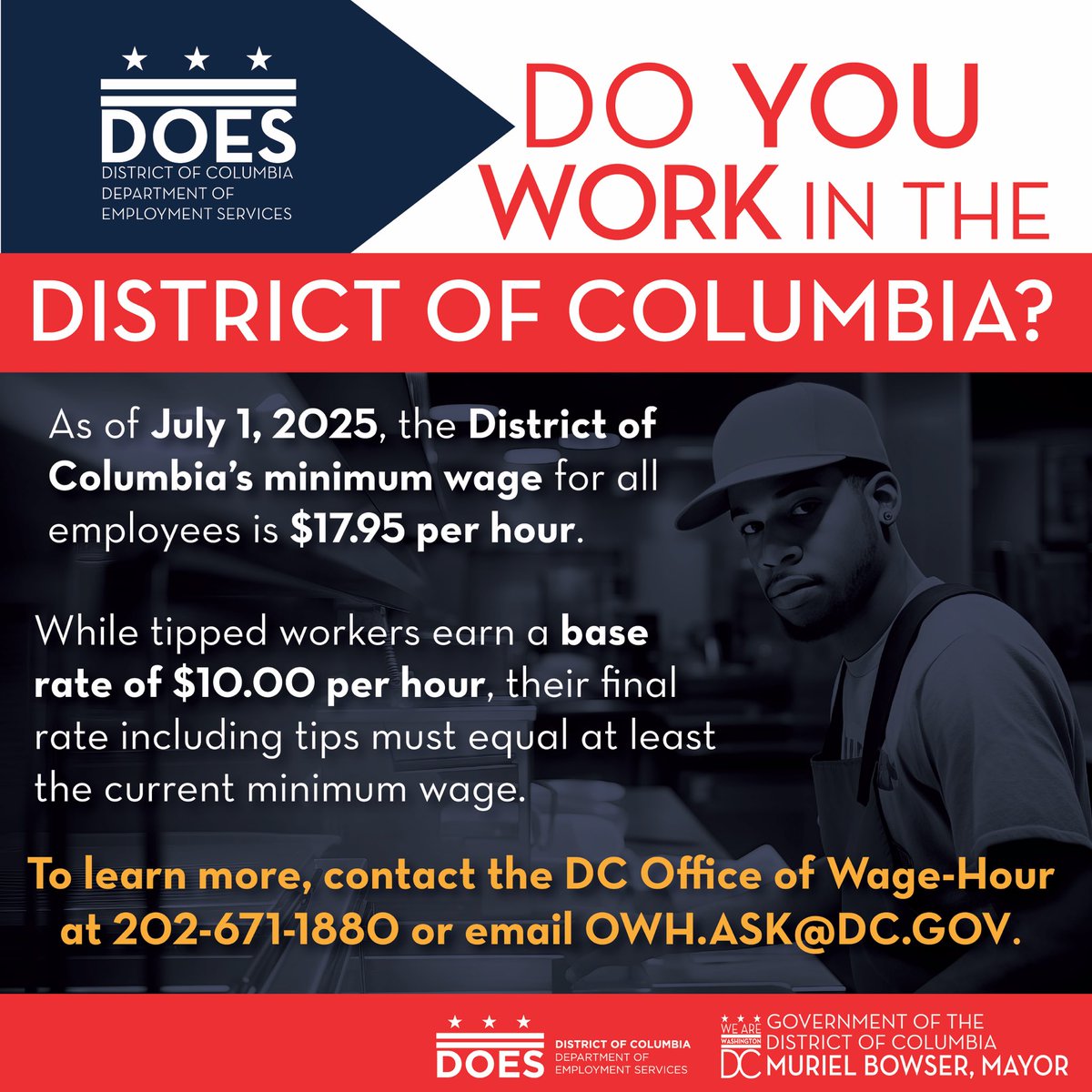 DOES_DC's tweet image. Do you work in DC?
As of July 1, 2025, DC’s Minimum Wage has increased.
To learn more, contact the DC Office of Wage-Hour at 202-671-1880 or email owh.ask@dc.gov.
For more information, visit does.dc.gov.
