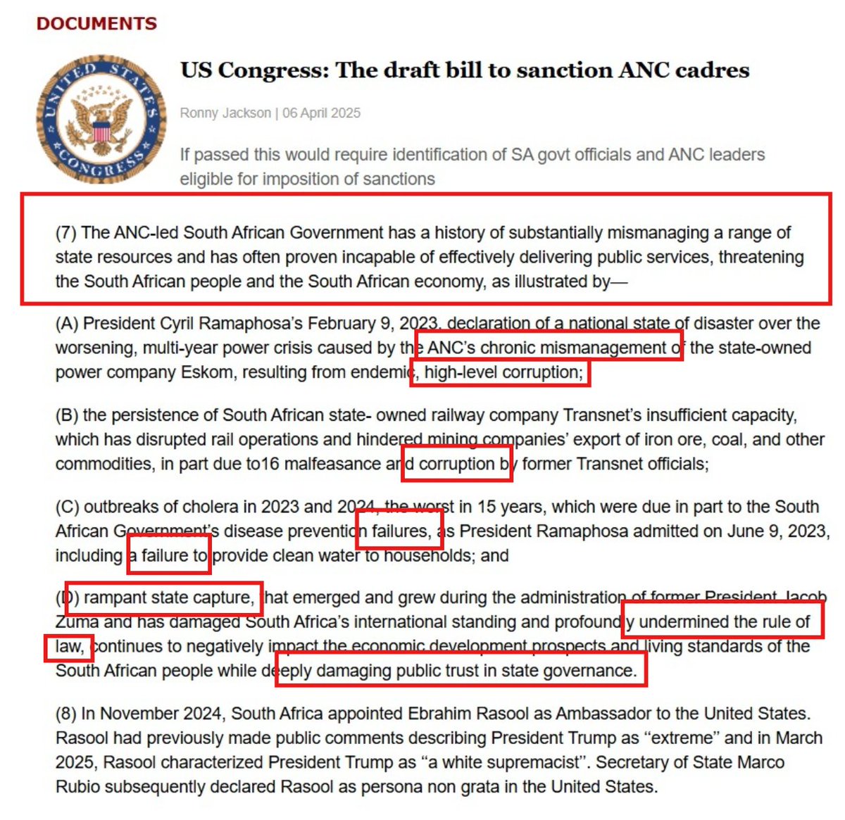 The media can spin this "right-wing extremist" nonsense about the <a href="/RepRonnyJackson/">Ronny Jackson</a> bill all they want.
The reasoning behind it is very clear and very true.
There's no propaganda here:

ANC-led government mismanagement, chronic mismanagement, high-level corruption, corruption,
