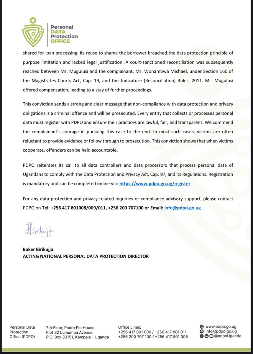 pdpoUG's tweet image. PRESS RELEASE
@pdpoUG Secures First Criminal Conviction Under the Data Protection and Privacy Act.
Read more here 👇
#PersonalDataisPrivate #DataPrivacyUG