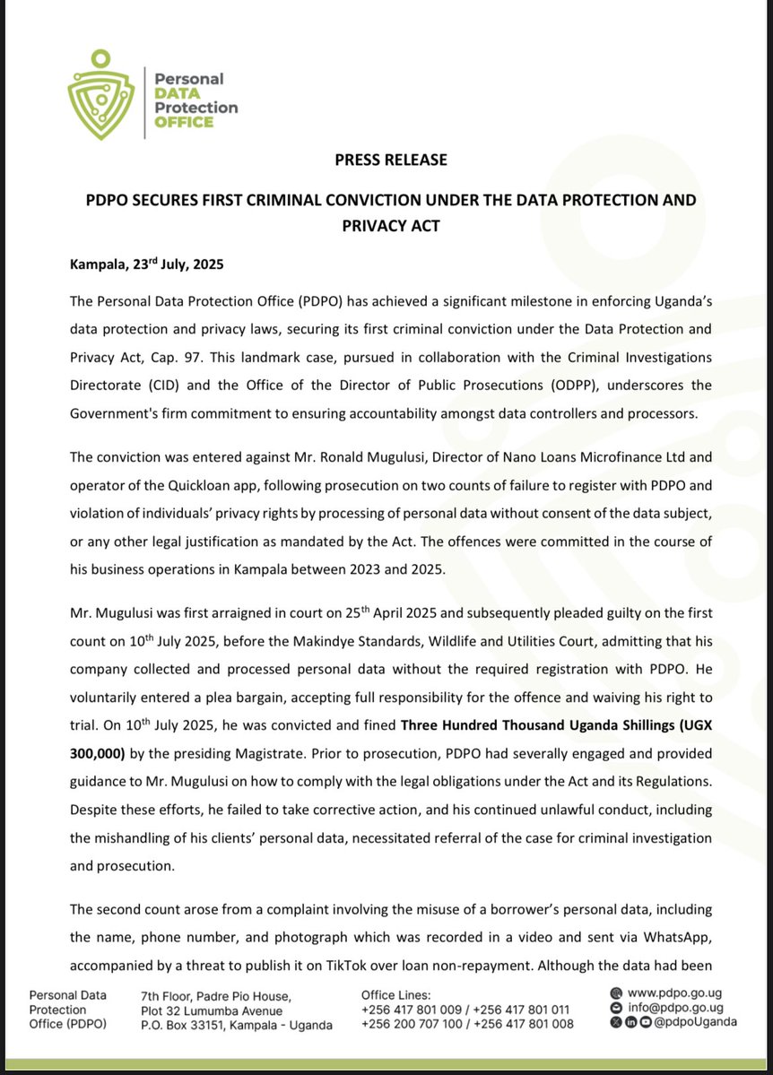 pdpoUG's tweet image. PRESS RELEASE
@pdpoUG Secures First Criminal Conviction Under the Data Protection and Privacy Act.
Read more here 👇
#PersonalDataisPrivate #DataPrivacyUG