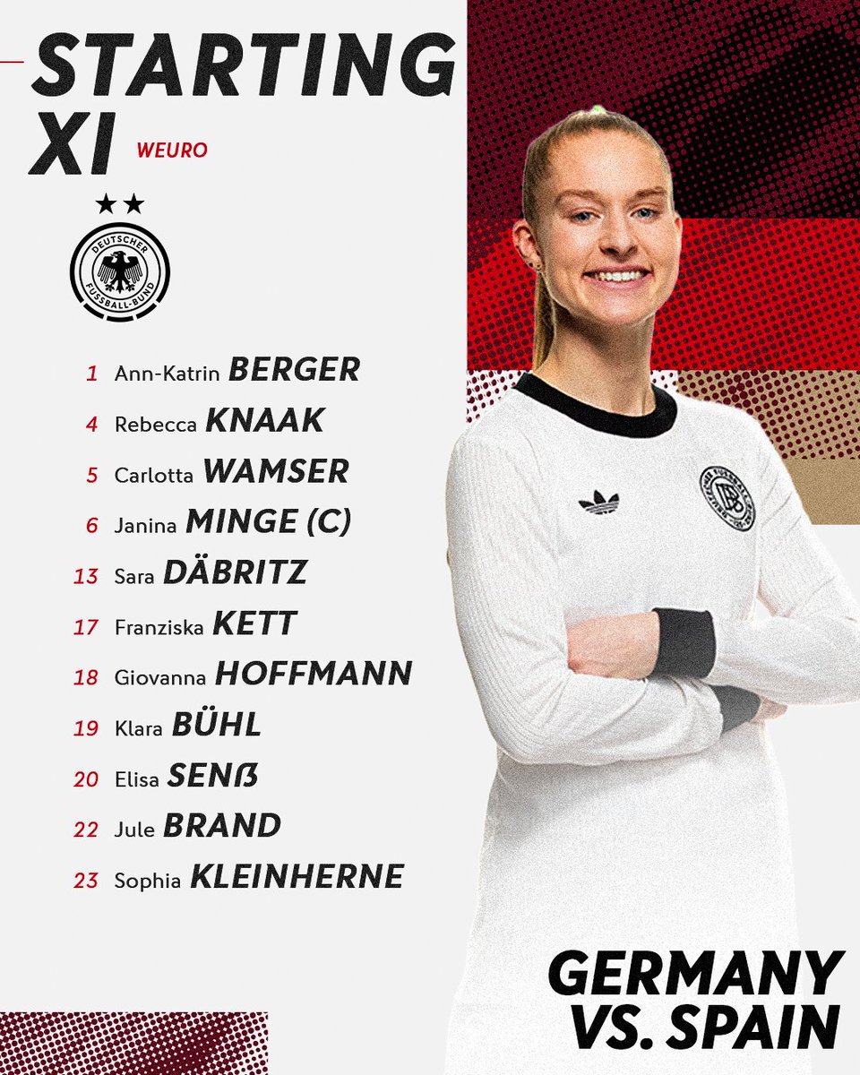 DFB_Team_EN's tweet image. SEMI-FINAL READY! Our Starting XI to face Spain today π€π©πͺ
#DFB #GermanFootball #GermanWNT #WEURO25
πΈ Yuliia Perekopaiko/DFB
