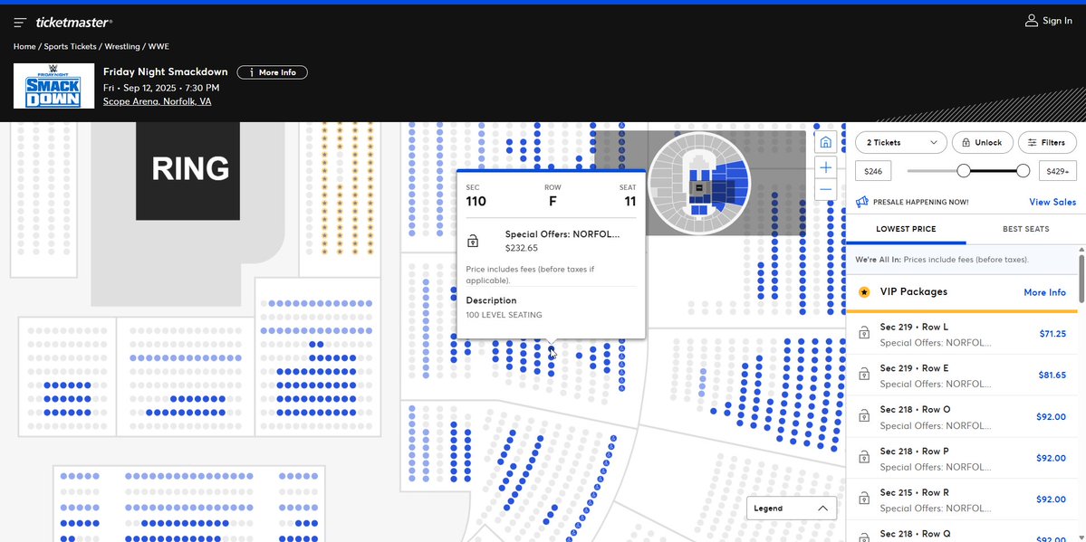 KountBlackula's tweet image. So I got an email for a pre-sale for #WWE Smackdown in Norfolk on 9/12. Comparing last time I went in 2022 to now.
2022 - 80.80 for my seat (sec 110, row G)
2025 - either 179.30 or 232.65
More than 2x on the low end or almost 3x on the high end. STUPID, STUPID, STUPID, LOL.