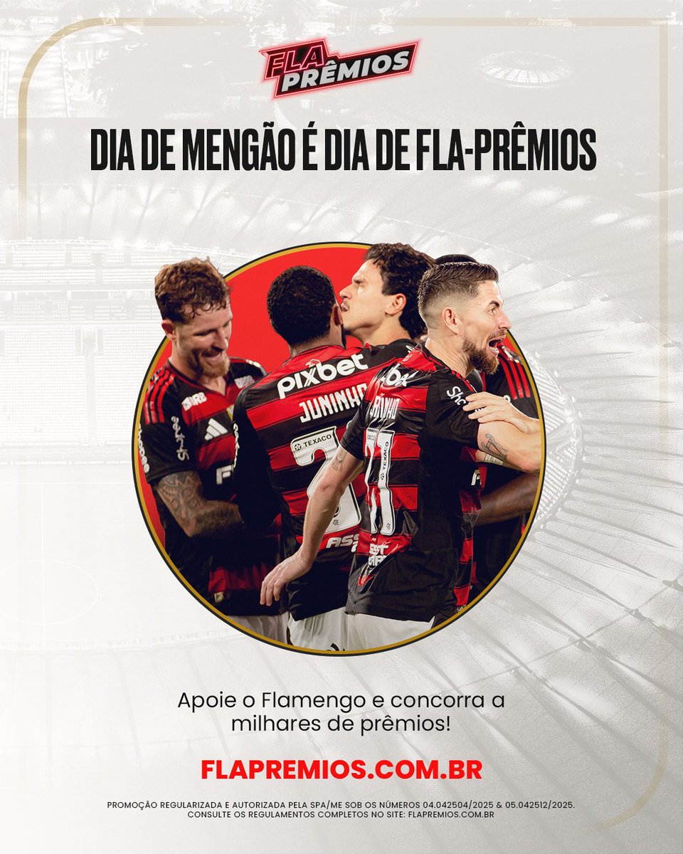 Flamengo's tweet image. HOJE TEM MENGÃO NO FLA-PRÊMIOS!
Concorra gratuitamente a prêmios exclusivos e jogue junto com o Flamengo em mais uma rodada do Brasileirão.
Faça seu check-in e entre para ganhar: flapremios.com.br
#ad