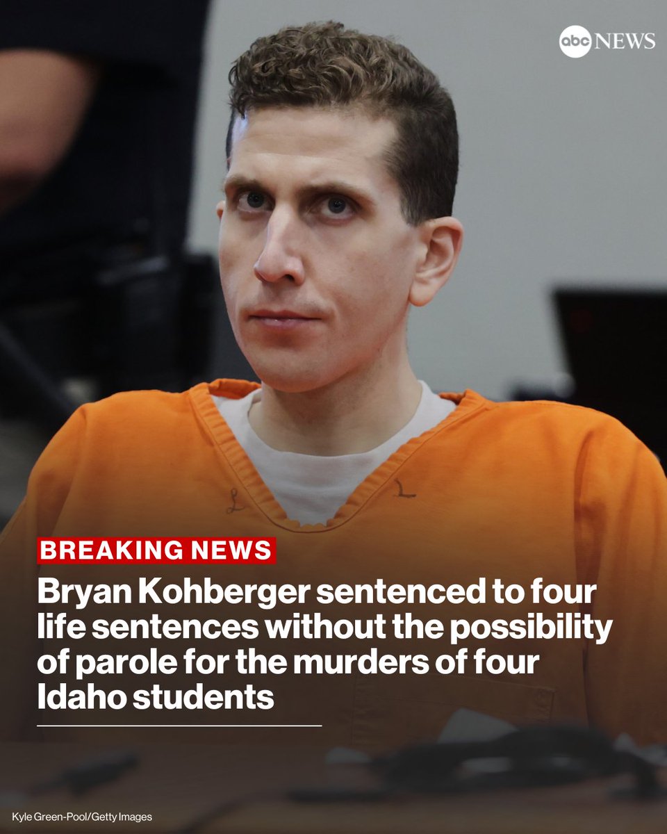 BREAKING: Bryan Kohberger has been sentenced to four consecutive life sentences for the murders of roommates Kaylee Goncalves, Madison Mogen, Xana Kernodle and Ethan Chapin, who were stabbed to death at the girls' off-campus house in Idaho.

abcnews.link/pUn7AH6