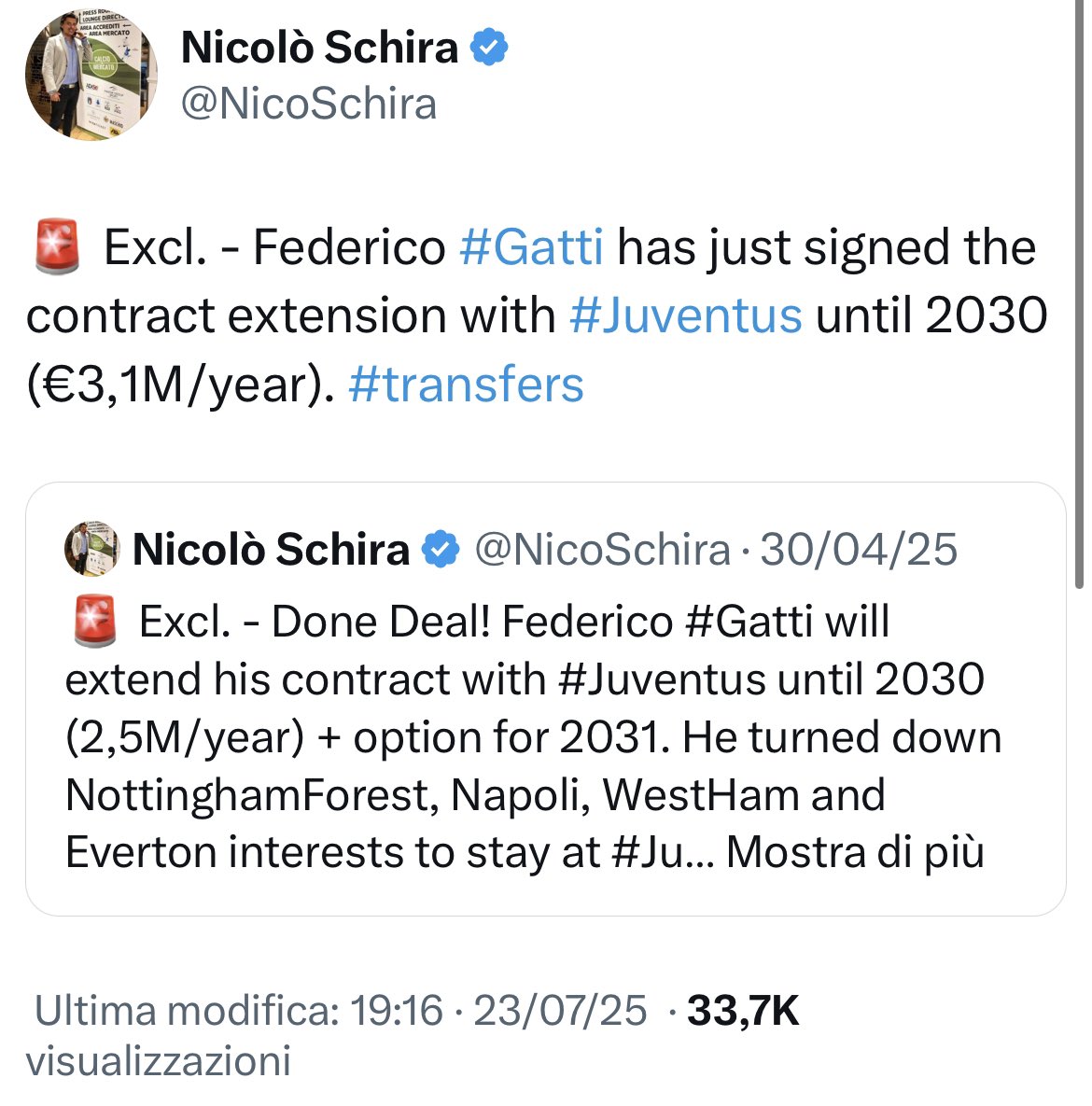 NicoSchira's tweet image. Now it’s official! Federico #Gatti has extended his contract with #Juventus until 2030 (€3,1M/year). No surprise here and confirmed since the last April 30 as an exclusive revealed! #transfers