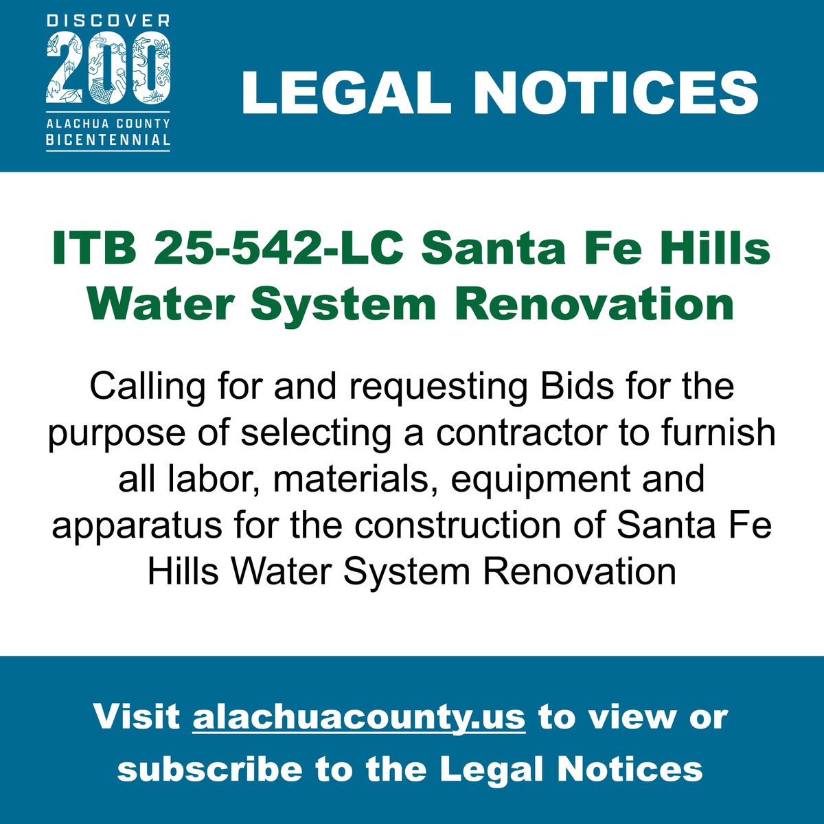IMPORTANT LEGAL NOTICE: Invitation to Bid - ITB 25-542-LC Santa Fe Hills Water System Renovation

View the complete legal notice at tinyurl.com/mtxdjyk5 for more details.