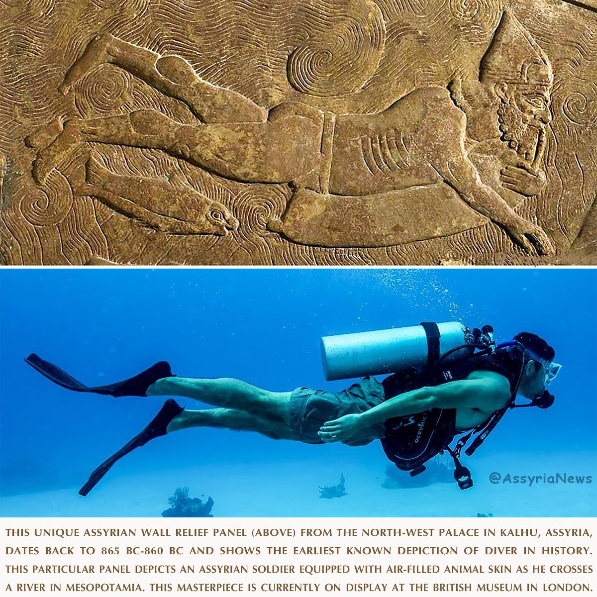 TodayAssyria's tweet image. This unique #Assyrian wall relief panel (above) from the North-West Palace in #Kalhu, #Assyria, dates back to 865 BC-860 BC and shows the earliest known depiction of #diver in history. This particular panel depicts an #Assyriansoldier equipped with air-filled animal skin as he...