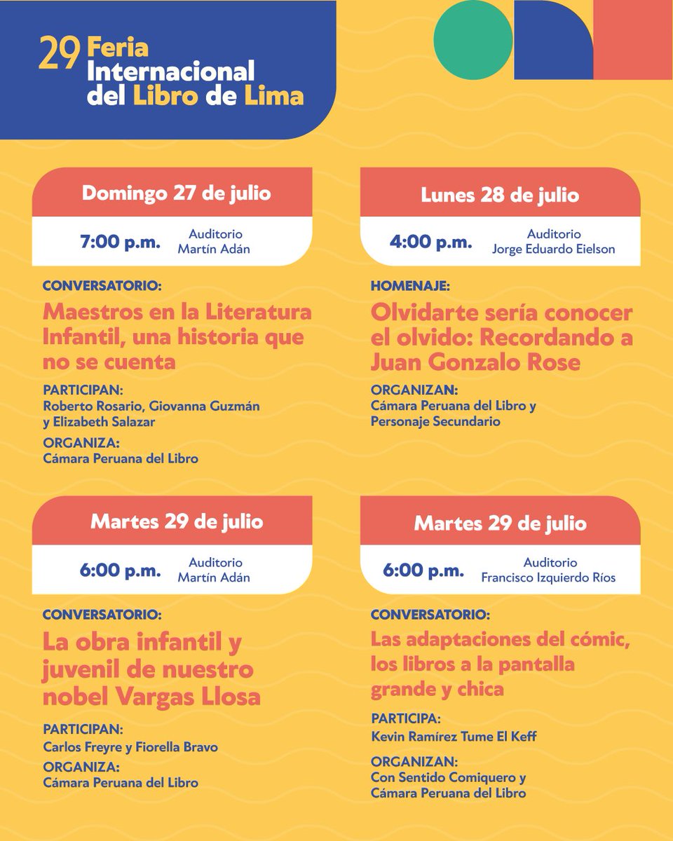 FILLima2025's tweet image. Un homenaje a la literatura infantil y quienes la hacen posible 💫
🗓️ 27 al 29 de Julio
📚 Maestras, cómics y recuerdos entrañables
🎟️ Entradas: teleticket.com.pe/fil-lima-2025
📌 ¡Guarda la fecha! Aforo limitado.