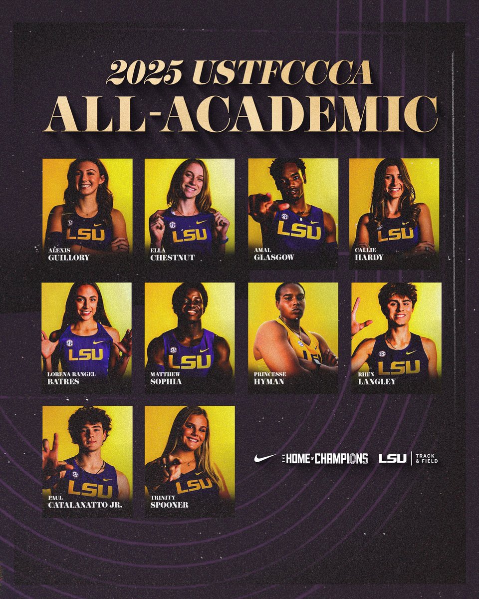 LSUTrackField's tweet image. Both the LSU men's and women's were named USTFCCCA All-Academic.
A total of 10 Tigers were also individually named All-Academic.
📄 lsul.su/4nZ9wmp