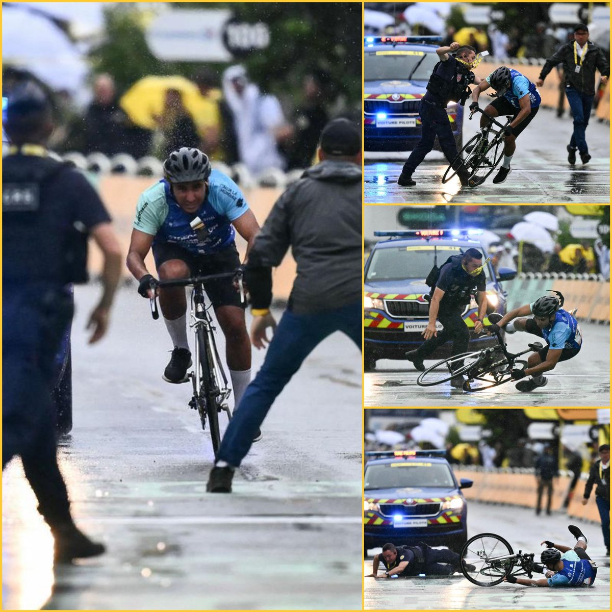 LeGruppetto's tweet image. Quelques minutes avant la victoire d'étape de Jonathan Milan à Valence, un homme à vélo a été intercepté sur la ligne d'arrivée de la 17e étape du Tour de France. L'organisation n'a pas fait de commentaire sur cet incident. #TDF2025
📷 AFP