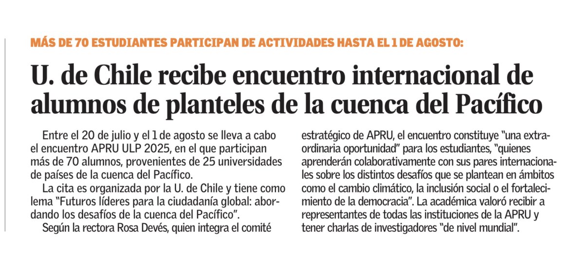 uchile's tweet image. [UCHILE en la Prensa] @__elmercurio destaca que más de 70 estudiantes están participando de #ULP25UCHILE, encuentro internacional @APRU1997 que se desarrollará hasta el 1 de agosto y que reúne a futuros líderes provenientes de 25 universidades de países de la cuenca del Pacífico.