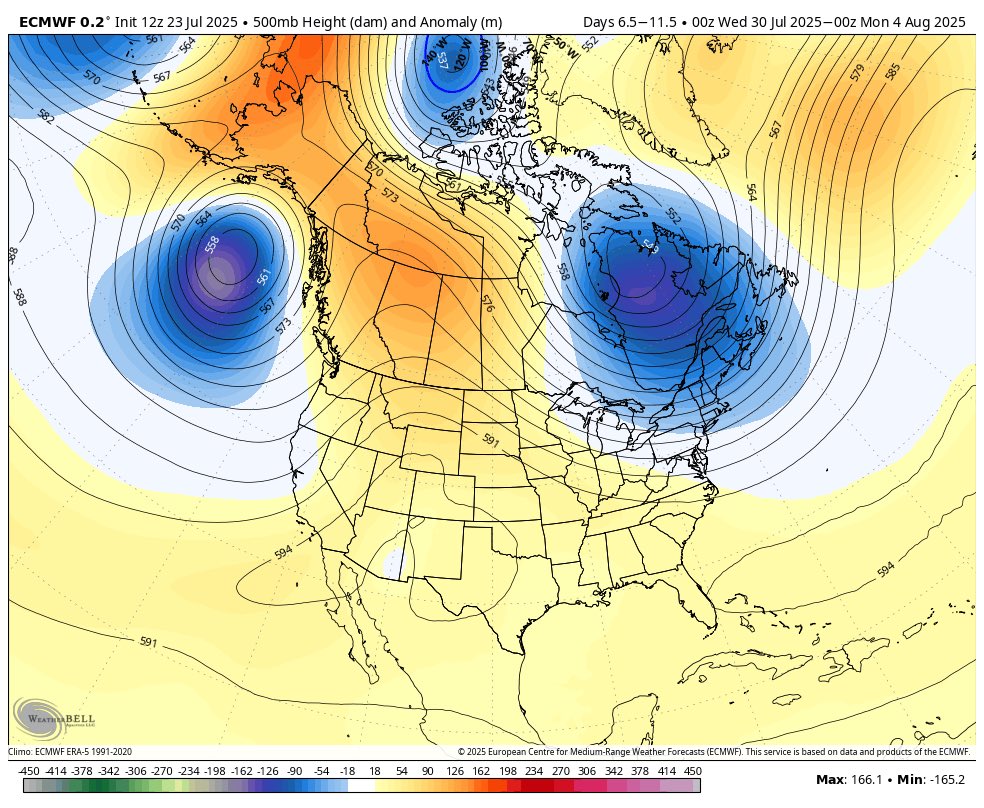 SNEWxCenter's tweet image. After the heat at the end of this week, it looks like we enter a much cooler period as a trough develops over the Eastern 1/3 of the US. A nice reprieve from the summer heat and humidity!