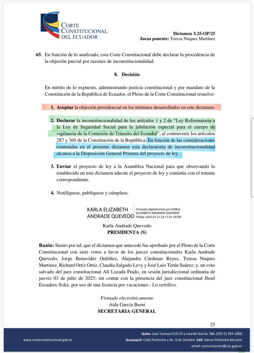 Patricia Elizabeth Borja Laverde (@lizzybor9) on Twitter photo 🍀 Hoy ha sido notificado el Dictamen 3-25-OP/25, de la <a href="/CorteConstEcu/">Corte Constitucional</a>. La Corte ha aceptado la objeción parcial por inconstitucionalidad que emitió el señor Presidente de la República <a href="/DanielNoboaOk/">Daniel Noboa Azin</a> respecto de un Proyecto de Ley que creaba una jubilación especial (<a href="/IESSec/">IESS</a>): ⤵️ 🍀 Hoy ha sido notificado el Dictamen 3-25-OP/25, de la <a href="/CorteConstEcu/">Corte Constitucional</a>. La Corte ha aceptado la objeción parcial por inconstitucionalidad que emitió el señor Presidente de la República <a href="/DanielNoboaOk/">Daniel Noboa Azin</a> respecto de un Proyecto de Ley que creaba una jubilación especial (<a href="/IESSec/">IESS</a>): ⤵️