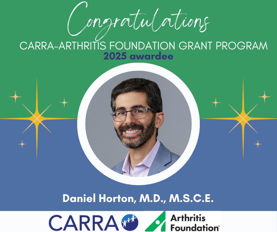 carrainc's tweet image. 🎉 Congratulations to Daniel Horton, M.D., M.S.C.E., of @RutgersU on his 2025 CARRA-@ArthritisFdn Grant! Dr. Horton received a Clinical Management of JIA Grant for his study, “JIA Flares, Recapture of Inactive Disease, and the Patient’s Voice.” 🙌🏽
#KidsGetArthritisToo