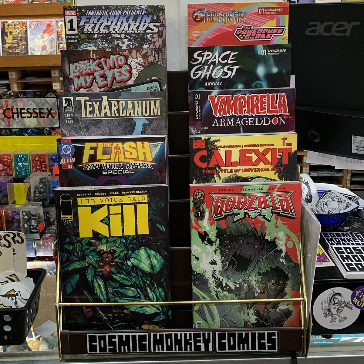 Here’s are our featured comics this week! #thevoicesaidkill #godzillakaiseiera #flashbadmoonrisingspecial #calexitthebattleofuniversalcity #texarcanum #vampirellaarmageddon #lookintomyeyes #spacefhostannual #fantasticfourpresentsfranklinrichardssonofagenius