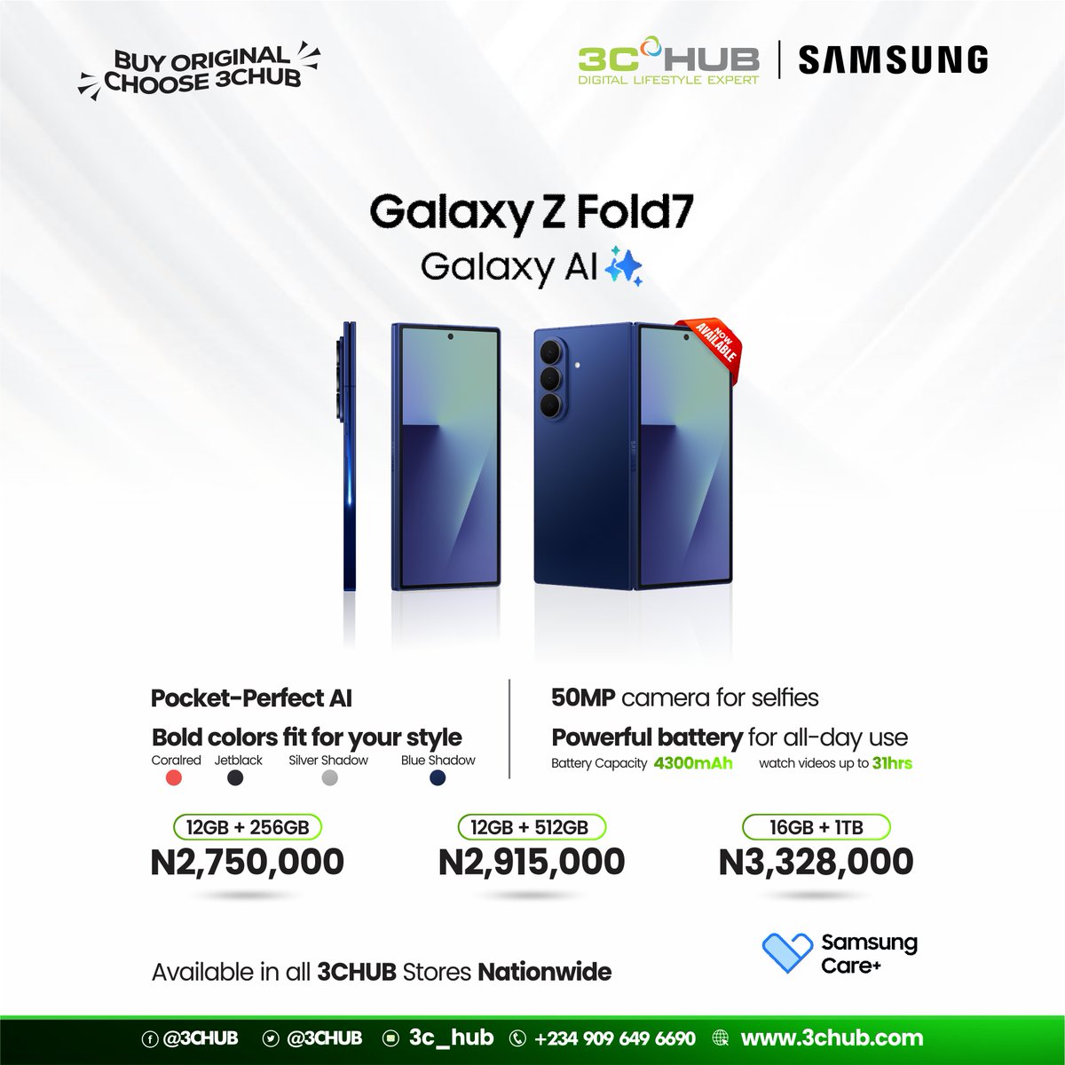 Galaxy Z Fold7 just landed at 3CHUB!

Bold colors. AI magic. 50MP selfies. Up to 1TB storage.

🖤 Which color are you picking? Coral, Jet Black, Silver, or Blue? Tell us ⬇️

#3CHUB #GalaxyZFold7 #SamsungGalaxy #FoldTheFuture