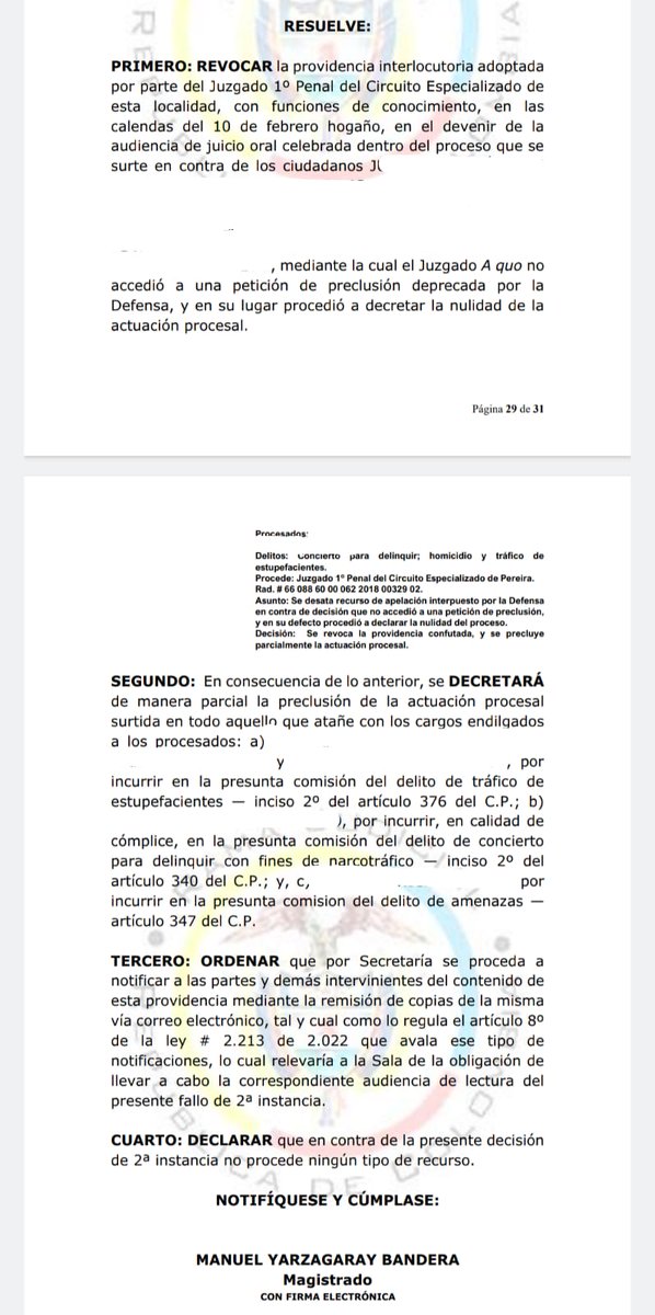En proceso a cargo, la Sala Penal del TS de Pereira, al revocar decisión de Juzgado Especializado, dispuso que ante la tensión que se presente entre la preclusión por prescripción y la nulidad por defectuosa imputación, se debe priorizar la 1ra en garantía del derecho sustancial.