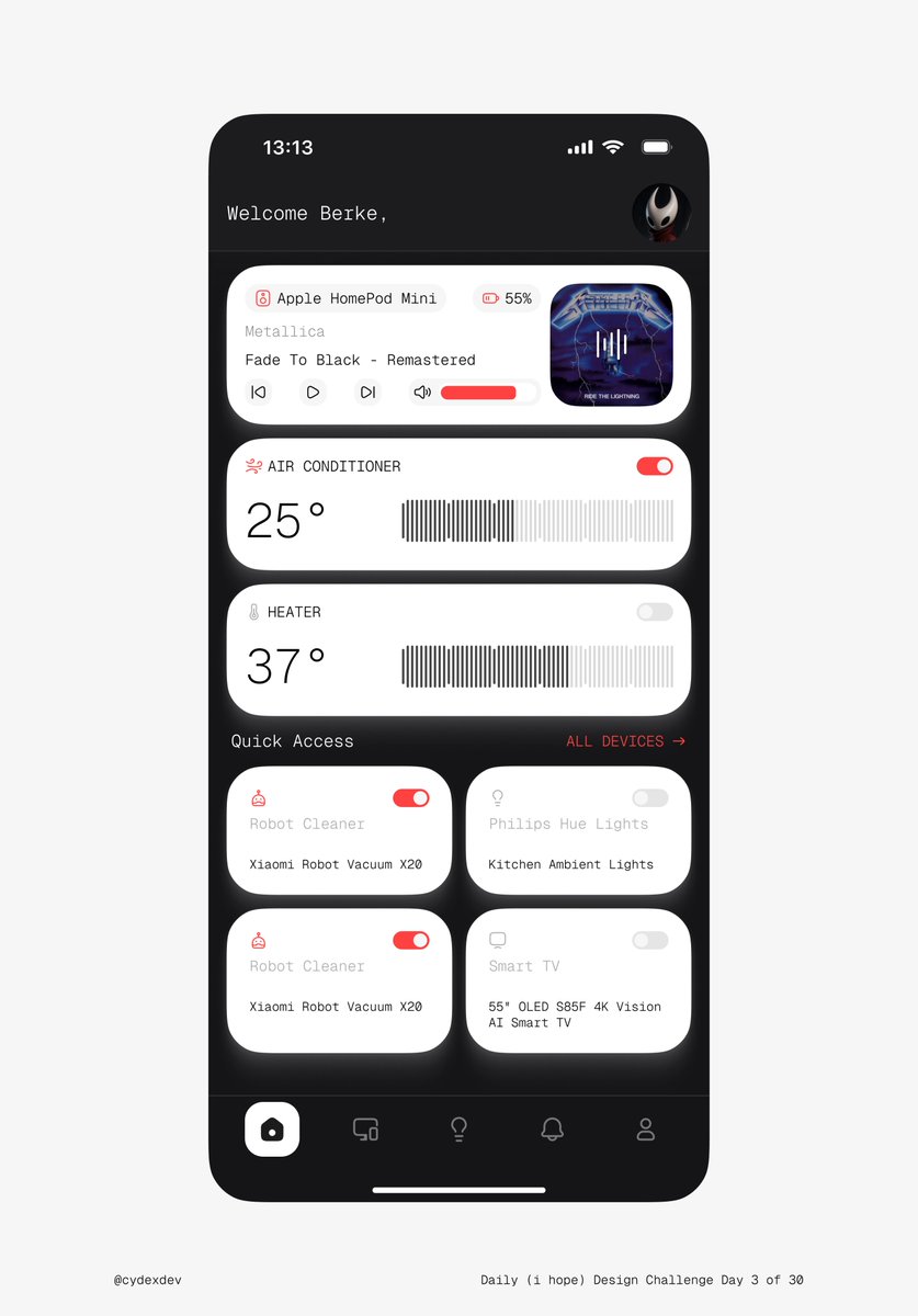 cydexdev's tweet image. Day 3 of 30-Day Product Design Challenge ✅

Today, I finalized the Smart Home app home screen by adding a quick access section for devices, building on the previous widgets for climate controls. Tomorrow, I’ll work on the devices screen.

Follow along daily! Harass me if I miss…