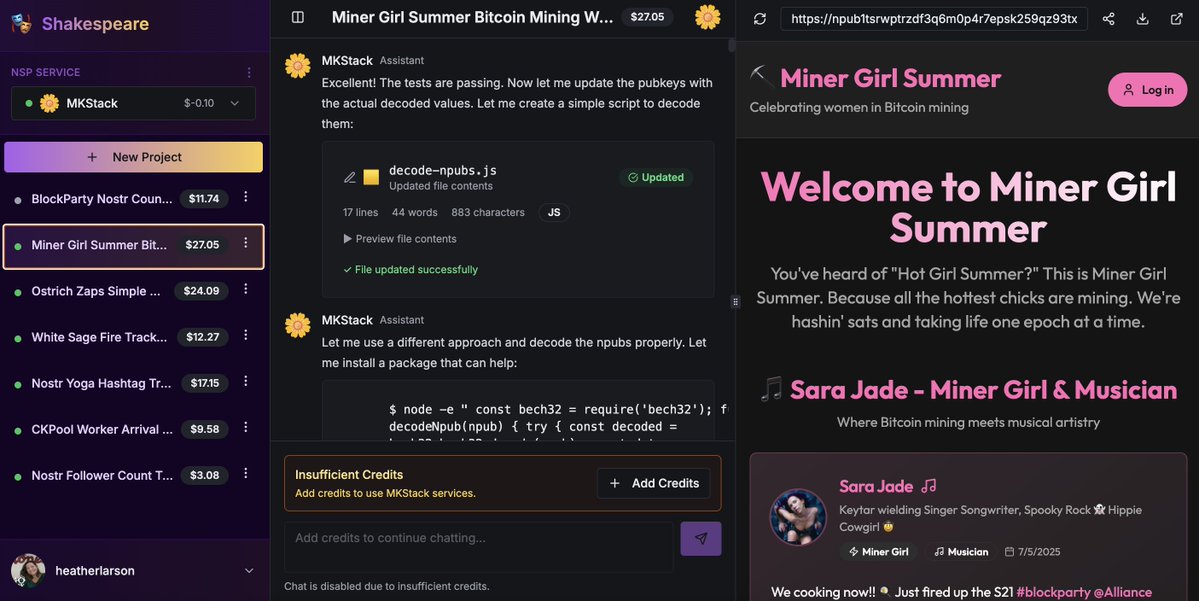WriterHeatherL's tweet image. Can you pay for your AI credits using ⚡️ lightning? Pay in BTC & build with Shakespeare.
Decentralized: Login with Nostr. Pay with Bitcoin. 🤘
shakespeare.diy @SoapboxTech