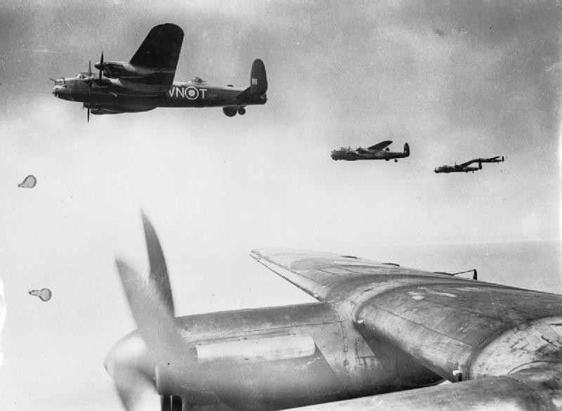 VoicesofWW2's tweet image. British Lancaster bombers of No 50 Squadron RAF flying in loose formation over Lincolnshire, England, United Kingdom, 23 Jul 1943
