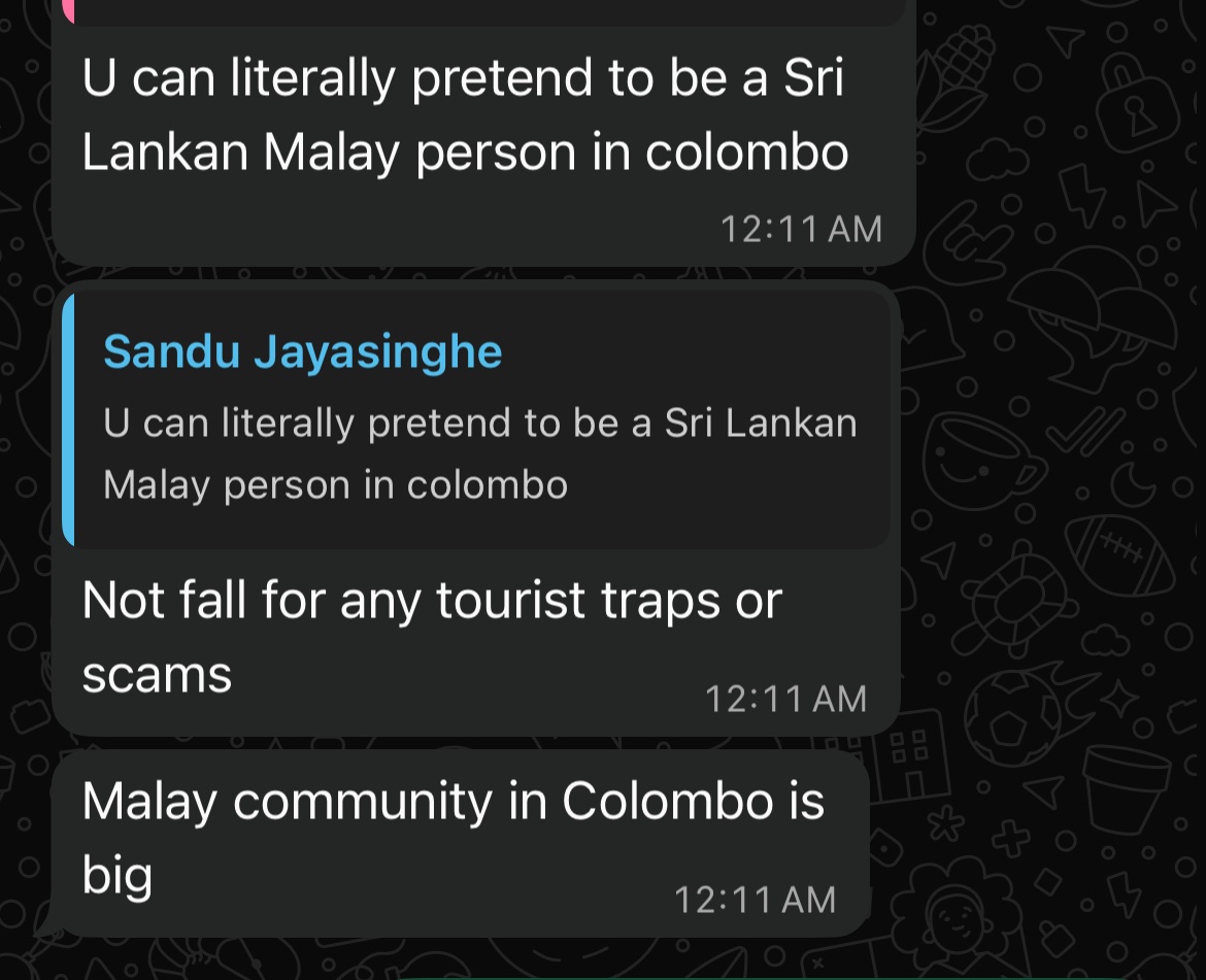 Sabar je la ek. Pergi China haritu a few orang China ingat aku orang local. Ni nak pergi Sri Lanka, orang local sana kata aku boleh jadi orang Melayu sana. 

Nationality mana nak pilih ni eh 🫢