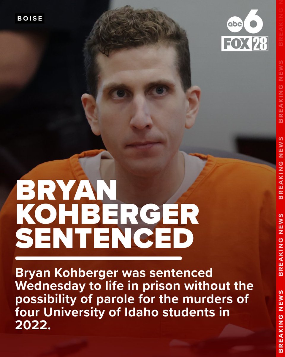 wsyx6's tweet image. Bryan Kohberger has been sentenced to four consecutive life sentences in court on Wednesday after admitting to killing four University of Idaho students in November 2022.
Read more at bit.ly/44N3JZq
#idahoshooting