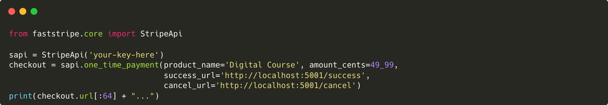 ncooper57's tweet image. At @answerdotai, we integrate @stripe into lots of projects. Every time, I found myself doing the same dance: create product, create price, create checkout session. Then hunting docs for parameters for each. So we built FastStripe, a self-documenting Stripe SDK that's easy to…