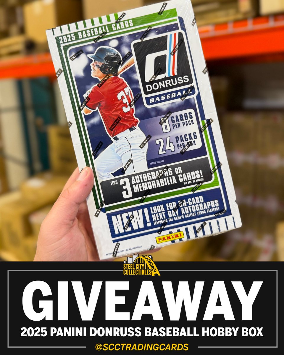 🚨 NSCC GIVEAWAY 🚨

RETWEET, LIKE, &amp; FOLLOW <a href="/SCCTradingCards/">Steel City Collectibles | NSCC #345</a> for your chance to win this 2025 Panini Donruss Baseball Hobby Box from Steel City Collectibles!

Also enter on our Facebook and Instagram to increase your chances of winning!

#NSCC #NSCC25 <a href="/nsccshow/">The National Sports Collectors Convention Inc.</a>