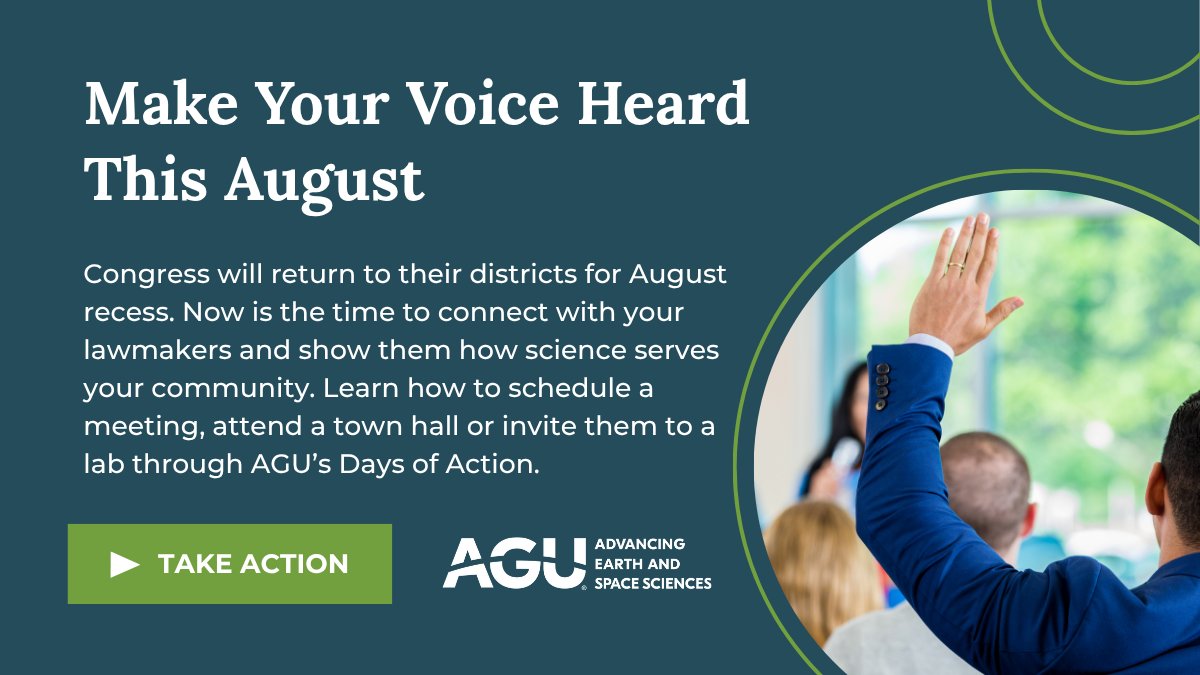 theAGU's tweet image. August is almost here and so is your opportunity to support science where it matters most: your own district.
During the congressional recess, lawmakers are back home meeting with constituents. This your chance to: invite them to your lab or institution, schedule a district…