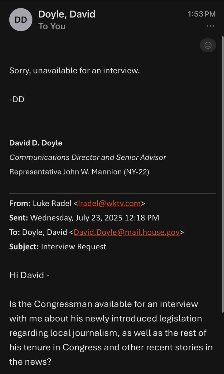 lukeradel's tweet image. John Mannion: I support reporters!
His office: …unless they ask us questions we don’t like! #NY22