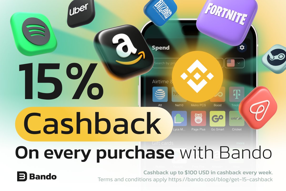 Bando (@bandocool) on Twitter photo Crypto sitting in your <a href="/BinanceWallet/">Binance Wallet</a>? 👀
You can now use it to shop and top up, and get 15% cashback when you do!
No bridges. No swaps. Just real spending. Crypto sitting in your <a href="/BinanceWallet/">Binance Wallet</a>? 👀
You can now use it to shop and top up, and get 15% cashback when you do!
No bridges. No swaps. Just real spending.