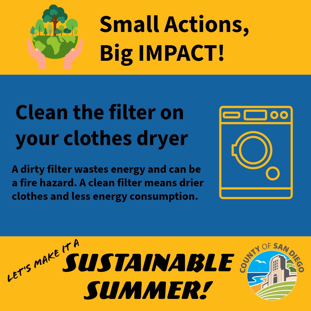 SanDiegoCounty's tweet image. The simple step of cleaning the lint screen on your dryer after every use can help you save energy, helps dry your clothes quicker and can ever help extend the life of your dryer.
For more recycling tips, visit sandiegocounty.gov/content/sdc/dp…