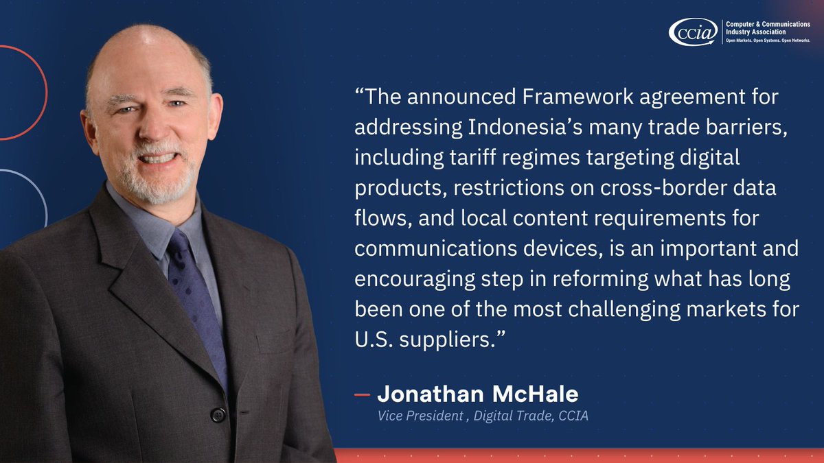 ccianet's tweet image. The U.S. and Indonesia have announced a framework to address key #trade barriers, including major #digitaltrade restrictions. CCIA welcomes progress on long-standing issues such as local content requirements, data-flow restrictions, and tariff regimes targeting digital products.…