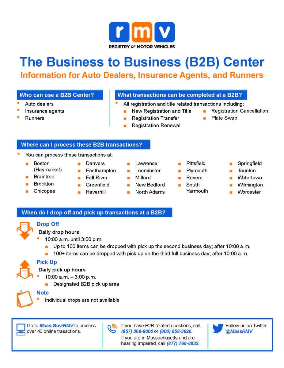 MassRMV's tweet image. Insurance Agents & Auto Dealers: #DYK Business 2 Business (B2B) Services are available at 23 Service Center locations? Visit mass.gov/business-to-bu… more information.