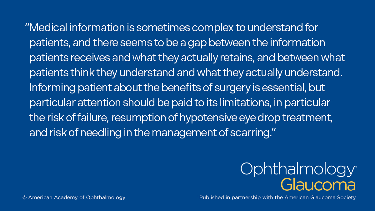 AAOjournal's tweet image. Survey shows limited patient understanding of glaucoma filtering surgery preoperatively, post-op satisfaction lower with needling and resuming hypotensive treatment
ow.ly/OAHG50WeSTp