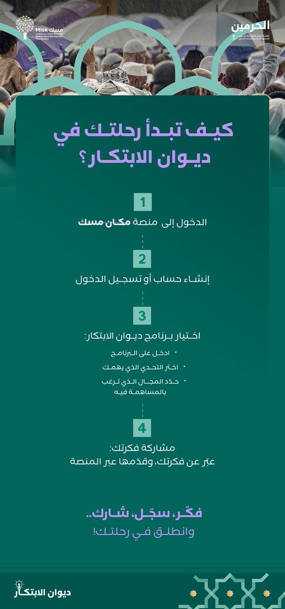 MiskCommunity's tweet image. كيف تبدأ رحلتك في #ديوان_الابتكار؟
كل تحدٍ في الحرمين الشريفين ينتظر حلًا مبتكرًا يُحدث فرقًا.
فكّر، سجّل، وشارك فكرتك، لتُسهم في تحسين تجربة ضيوف الرحمن:
ow.ly/hVqX50WpUEW
#فكّر_للحرمين
#مسك_للمجتمع
