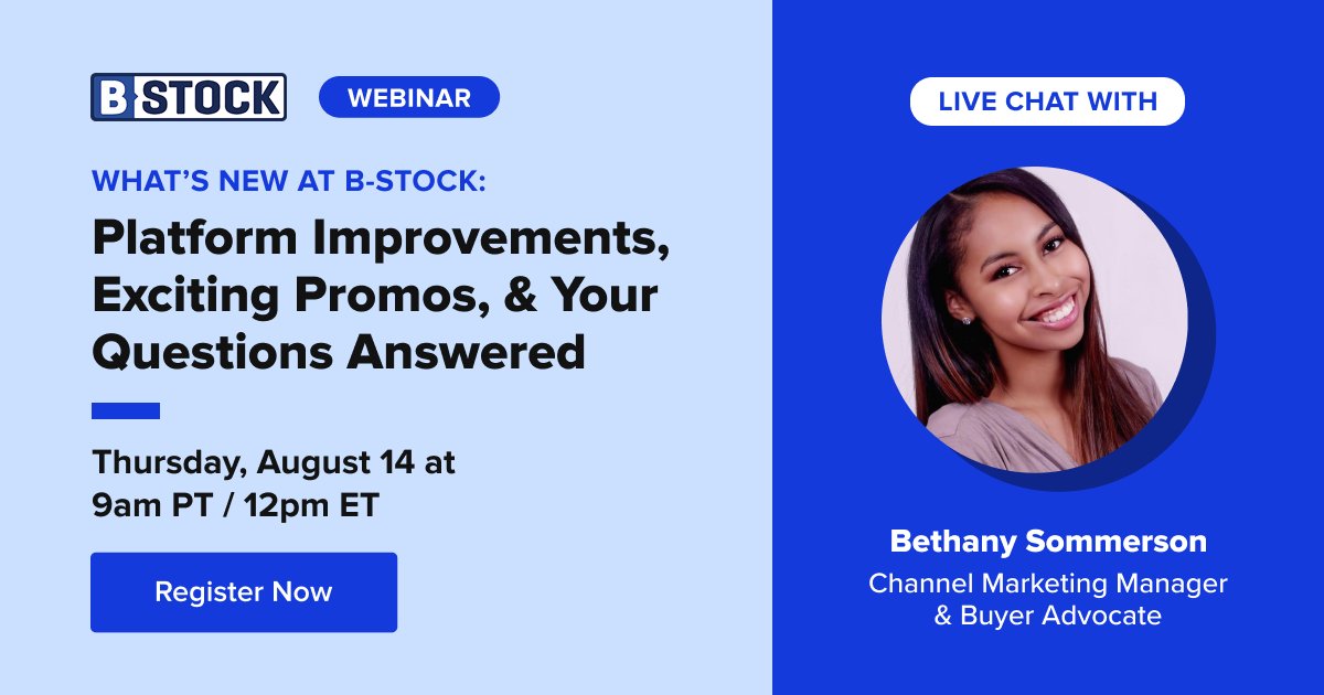 bstocksol's tweet image. ‼️ Get a first look at what’s coming to B-Stock!

Join our live webinar for platform updates, new sourcing tools, and a live Q&amp;amp;A with the B-Stock team.

🗓 Aug 14 | 9 AM PT / 12 PM ET

👉 Save your spot: ow.ly/1JYF50Woqo4

#Recommerce #ResaleBusiness #ResellerCommunity