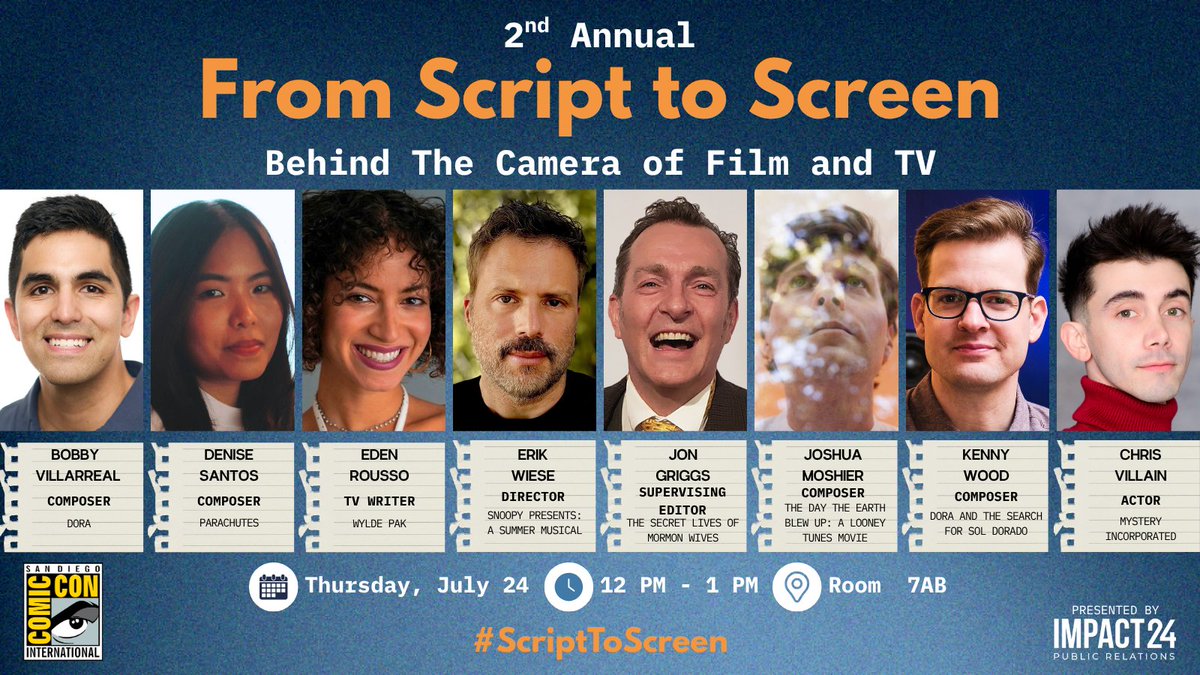 Impact24PR's tweet image. This week! Join us for our From Script to Screen panel happening at @Comic_Con! Learn from creatives as they go behind the scenes of #TheSecretLivesOfMormonWives, #DORA, #WyldePak, and more!
🎬 #ScriptToScreen | 7/24 | 12PM - 1PM | Room 7AB | sched.co/26wey
#SDCC