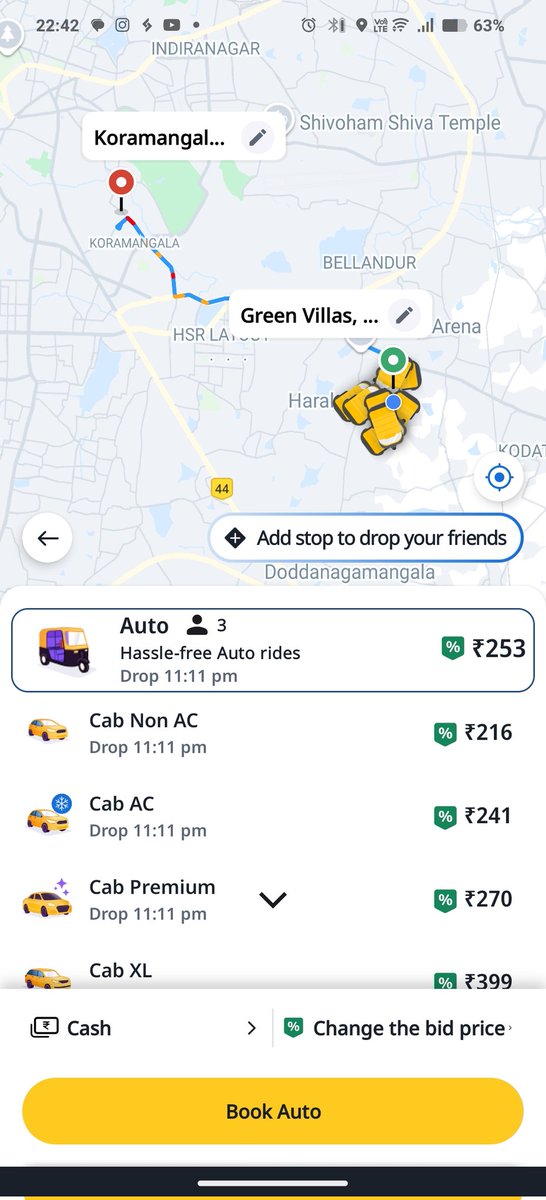 ಈಗ ಸಮಯ ರಾತ್ರಿ 23:25 ಗಂಟೆ.

ಇರುವ ಸ್ಥಳ ಒಂದೇ, ಹೋಗುವ ಸ್ಥಳ ಒಂದೇ.
10km ಮಾತ್ರ. ಆದರೇ ಒಂದೊಂದು ಕಂಪನಿಗಳು ಒಂದೊಂದು ದರ ವಿಧಿಸುವುದು ಏಕೆ?

ಆಟೋ 🛺ಮೀಟರ್ ದರ
ಸರ್ಕಾರದ  ನಿಯಮದಂತೆ:-
ಮೀಟರ್ ದರ 10km ×Rs15=Rs150/-.
Night charge Rs 150+1.5X=Rs225/-

ಯಾವ  APP ಗ್ರಾಹಕರಿಂದಸರ್ಕಾರದ ನಿಯಮದಂತೆ ಸರಿಯಾದ ದರ ಪಡೆಯುತ್ತಿದೇ?